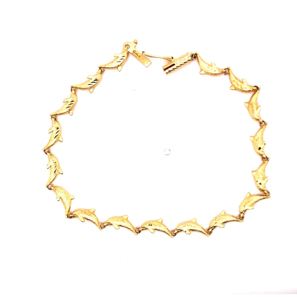 Vintage 14K Yellow Gold Dolphin Link Bracelet 7.5 Inch Textured Nautical Jewelry